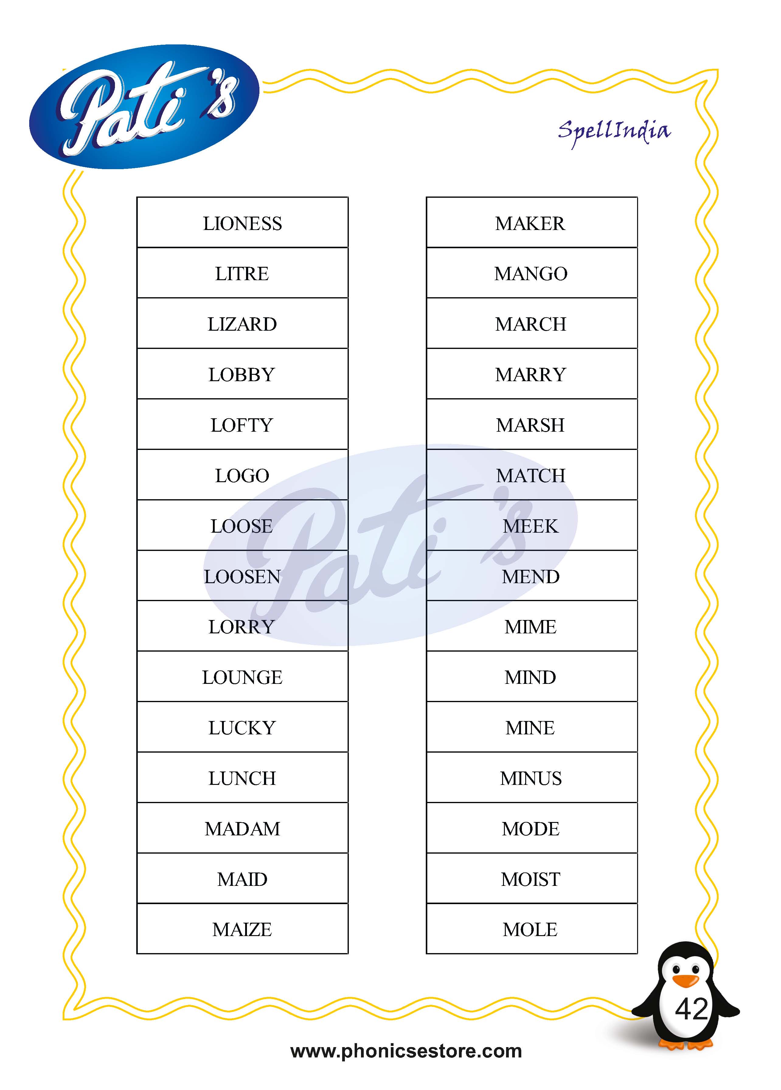 Pati Spelling Bee word list Class 2 Grade 2